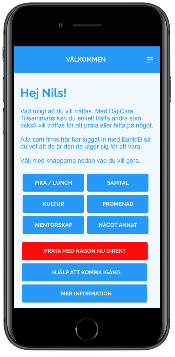 DigiCare Tillsammans Mobilapp Startsida